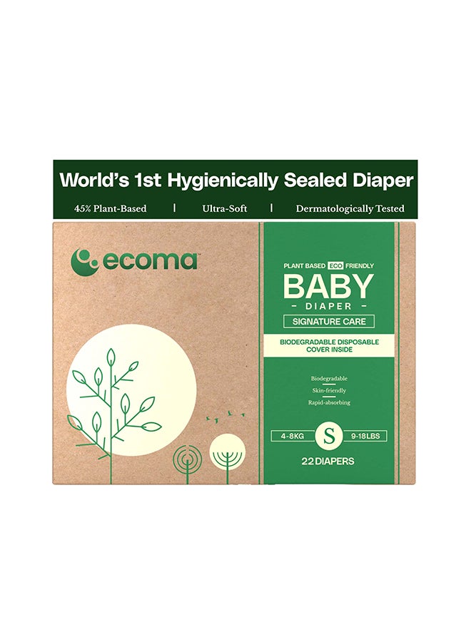 Ecoma حفاضات الأطفال من Signature Care، حجم صغير (4-8 كجم) | 22 قطعة | حماية من التسرب لمدة 12 ساعة، 100% من مواد نباتية في الطبقة العلوية | فائقة النعومة، مضادة للحساسية | مغلقة بشكل فردي وصديقة للبيئة - Image 1